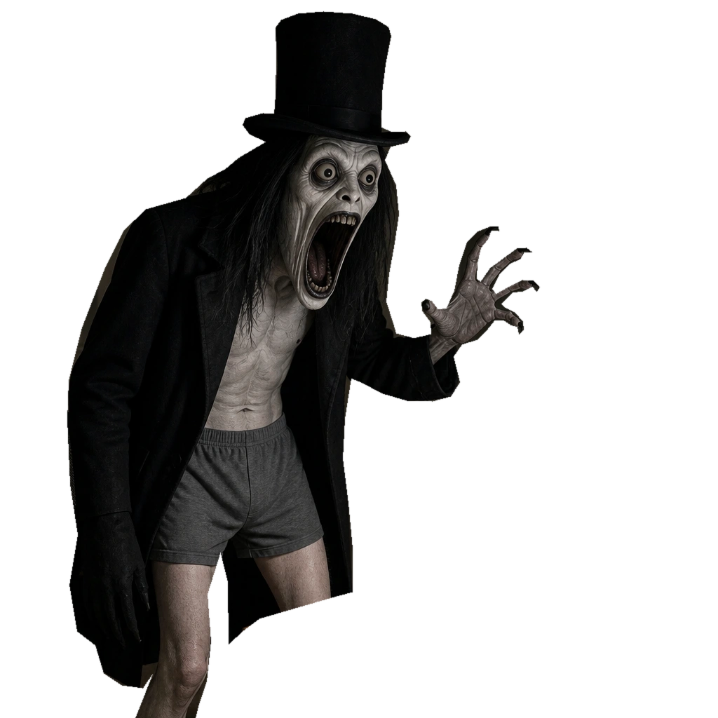 WFH Bababook: a pale screaming face under a tall black hat, long open coat, raised claw, gray boxer shorts and bare legs.