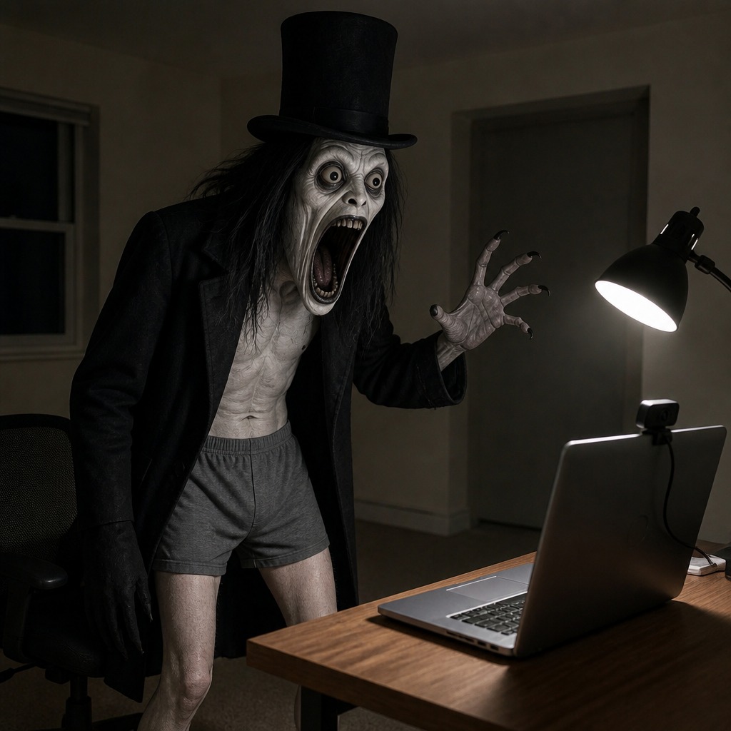 Complete original WFH artwork number 768: Bababook screaming at a laptop in a lamp-lit room.